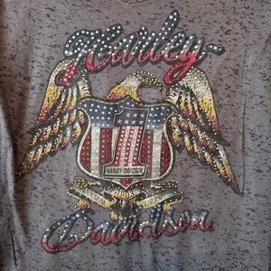 Harley Davidson Womens V Neck Graphic Baby Tee Rhinestone Eagle Flag Gray Size S